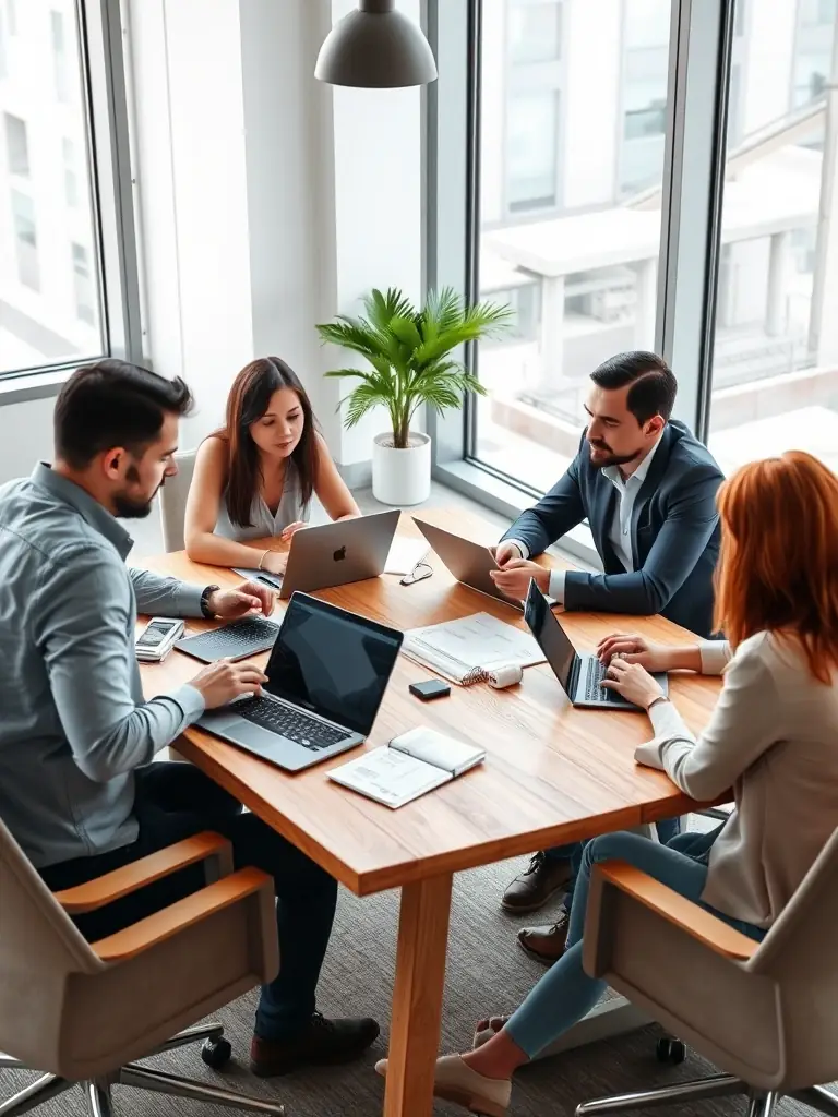 A professional photo of a team brainstorming session in a modern office, showcasing collaboration and strategic planning for digital marketing campaigns at Nextreach.