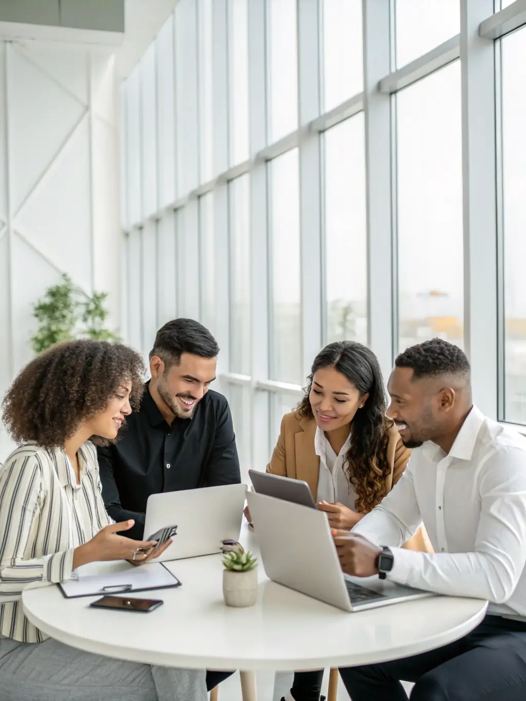 A team brainstorming session with diverse professionals collaborating on a digital marketing campaign, highlighting Nextreach's collaborative approach.